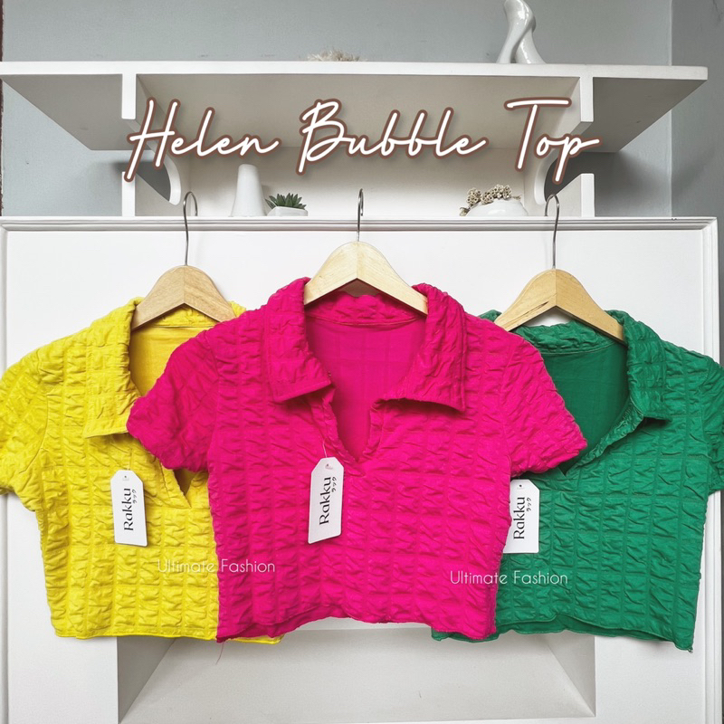 Helen Atasan Top Crop Kerah Knit Bubble Import Wanita Premium Kekinian Korea Rakku