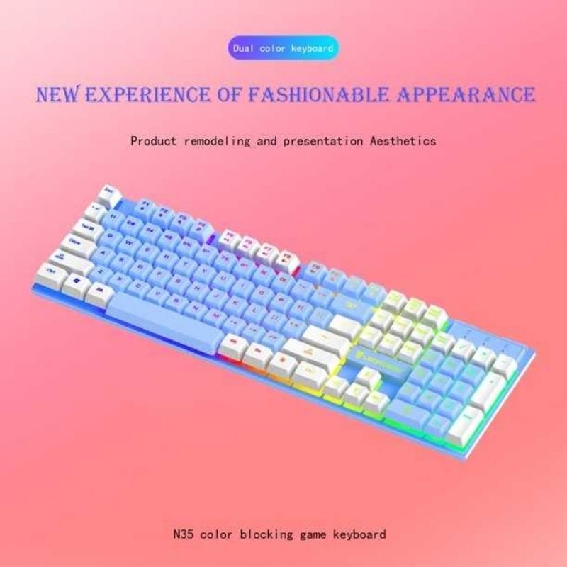 LEORQEON Gaming Keyboard RGB Backlight Mechanical Feel Waterproof - N35 Blue White