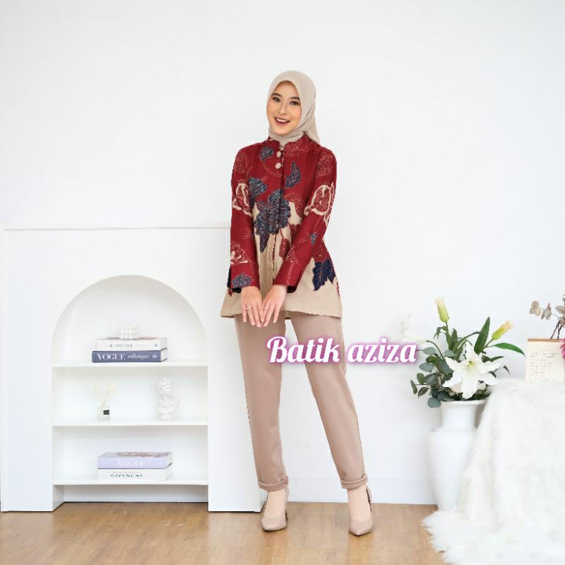 Batik Wanita 2in1 Blouse dan outer Batik Wanita Modern Kancing Depan Blouse Mawar by Batik Aziza