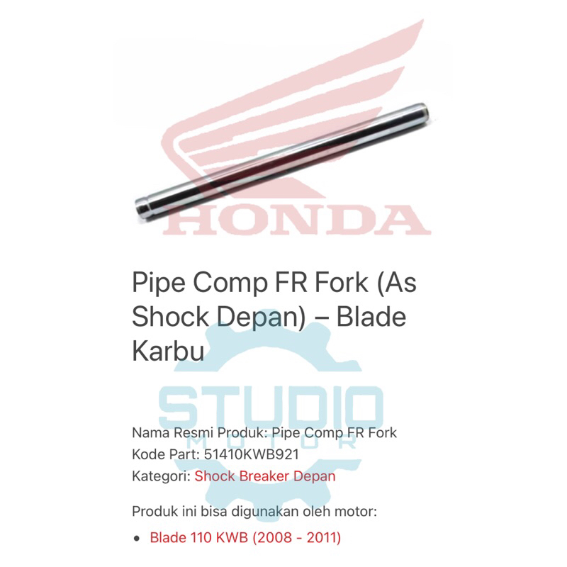 51410KWB921 Batang / Pipa As Shock Depan Blade Lama Revo 110 2009 - 2010 Original Honda AHM