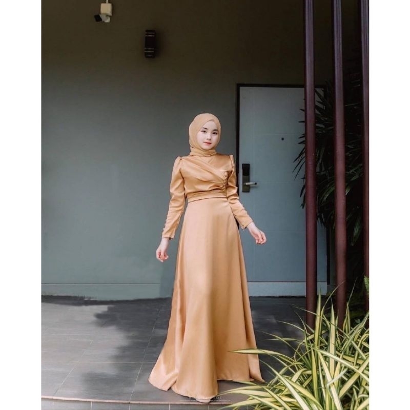 Baju Gamis Turkey Trend Lebaran Idul Fitri 2023 Gamis Muslim Wanita Remaja Kekinian Dafiya Silk Polo
