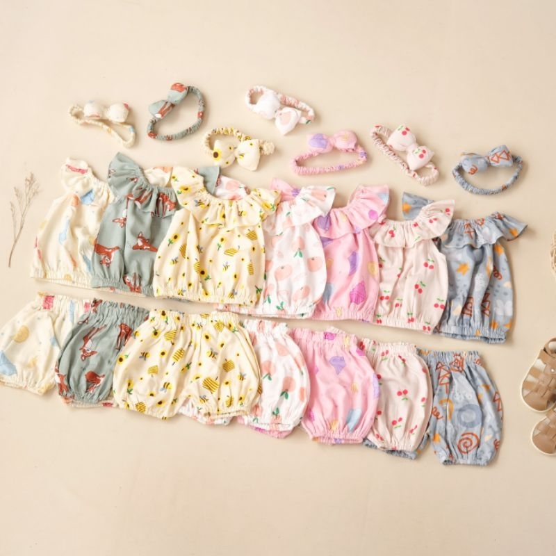 Setelan bayi Sharla bahan rayon bonus headband 0-12 bulan