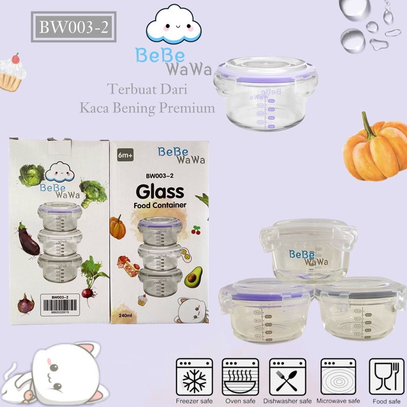 PROMO MITRA TERLARIS 3pcs 240ml Baby Glass Food Container BW003-2 / Glass Storage MPasi + penutup BPA FREE / Mangkok Kaca Tempat Makan Bayi