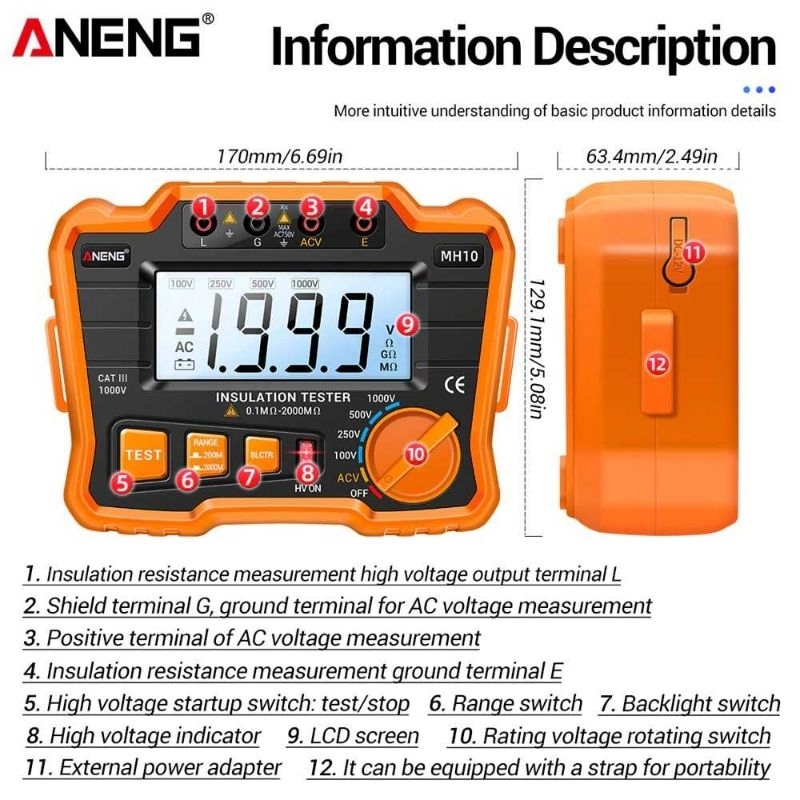 ANENG Digital Megohmmeter Multifungsi Voltage Tester - MH10