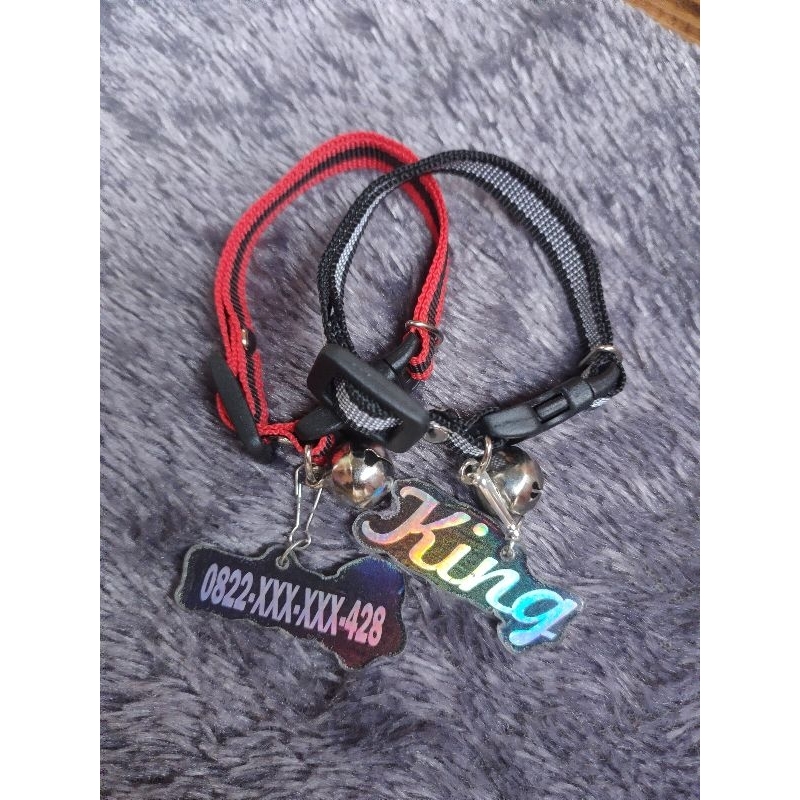 kalung kucing webbing custom nama akrilik hologram