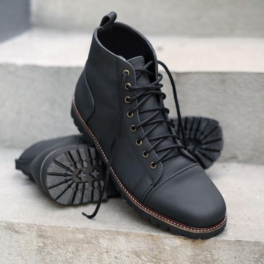 Sepatu Boots Pria Kulit Fashion Boot Tali Santai Kuliah Cowok Original - Fleming Black