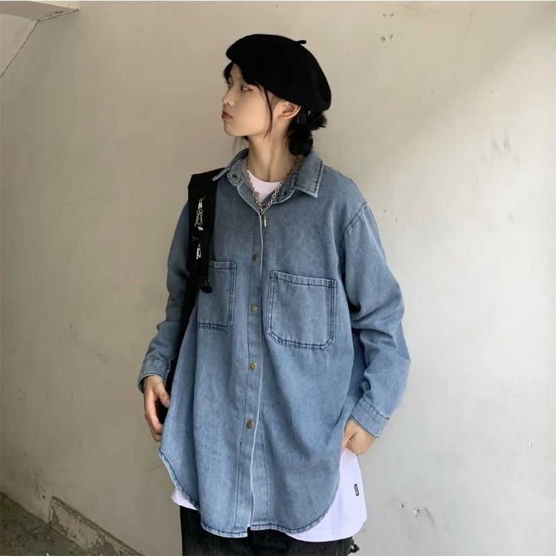 Kemeja Jeans Denim Wanita Oversize Korean Style