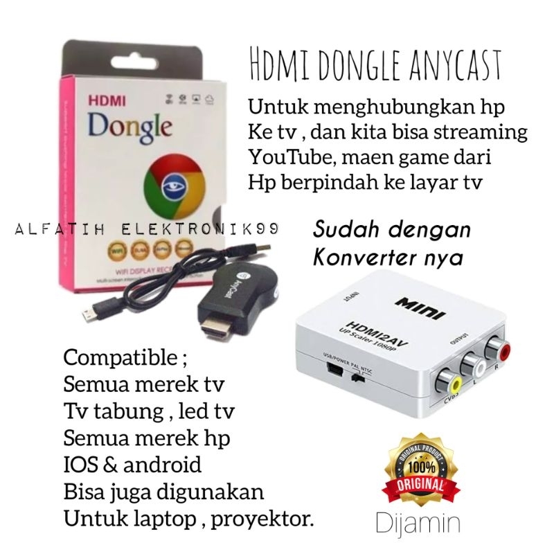 PAKET UNTUK HP KE TV TABUNG / ANYCAST DONGLE + CONVERTER HDMI TO RCA / ALAT UNTUK MENYAMBUNGKAN PENGHUBUNG PENYAMBUNG HP KE TV TABUNG