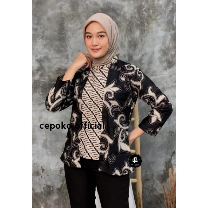 Blouse Batik Kerja Wanita Motif Kangkung Hitam