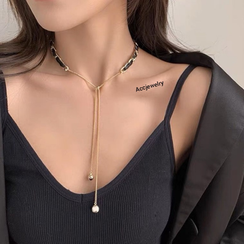 Kalung Wanita Serut Keramik Hitam Premium Gold