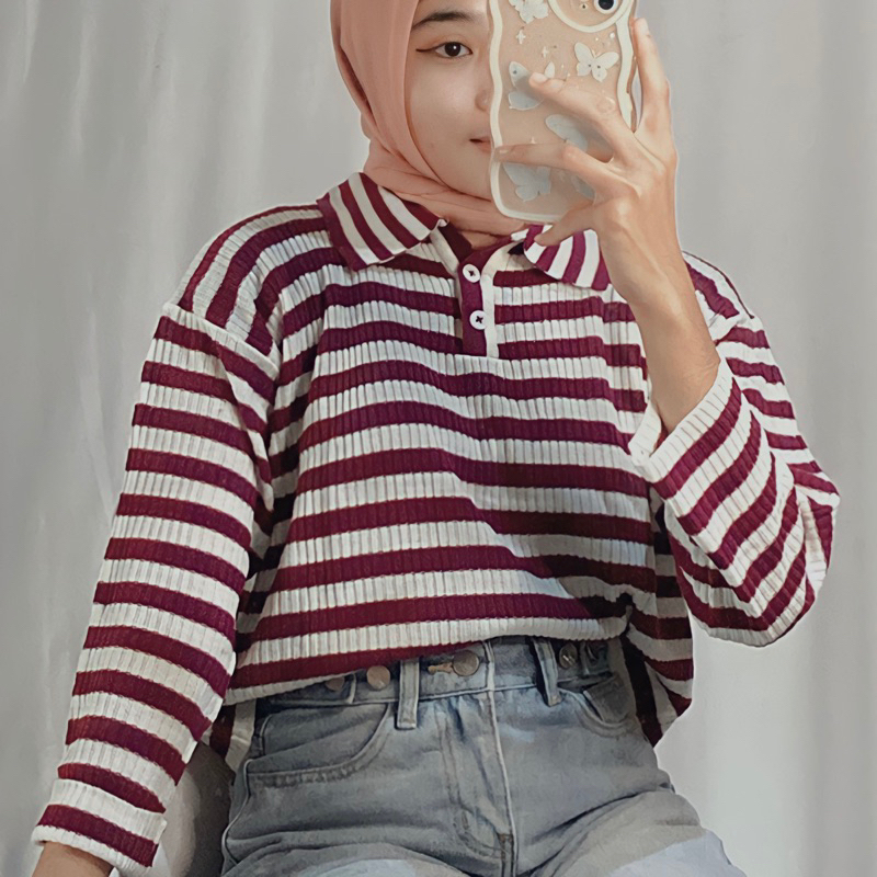 FREYA CROP BLOUSE RAJUT//ATASAN RAJUT WANITA BERKERAH POLO STRIPE