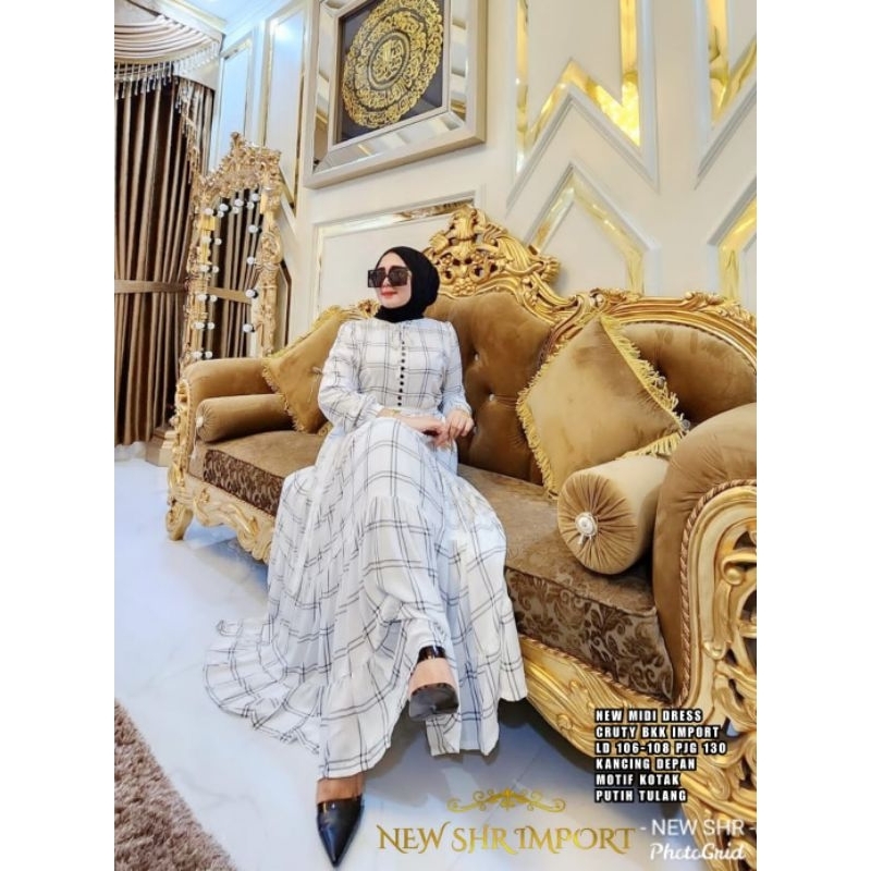 0354 NEW MIDI DRESS ORI SHR CRUTY BKK IMPORT BUSUI MOTIF KOTAK PUTIH TULANG GAMIS WANITA MUSLIMAH KE