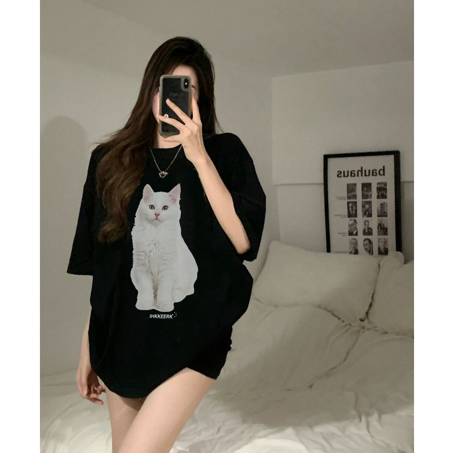 kaos hitam oversize wanita american retro cartoon cat motif printed t-shirt lengan pendek kaos atasan wanita