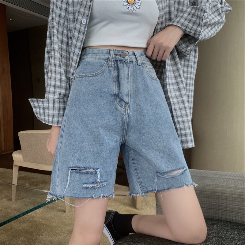 celana pendek denim wanita korean style highwaist premium baggy vintage celana jeans sobek