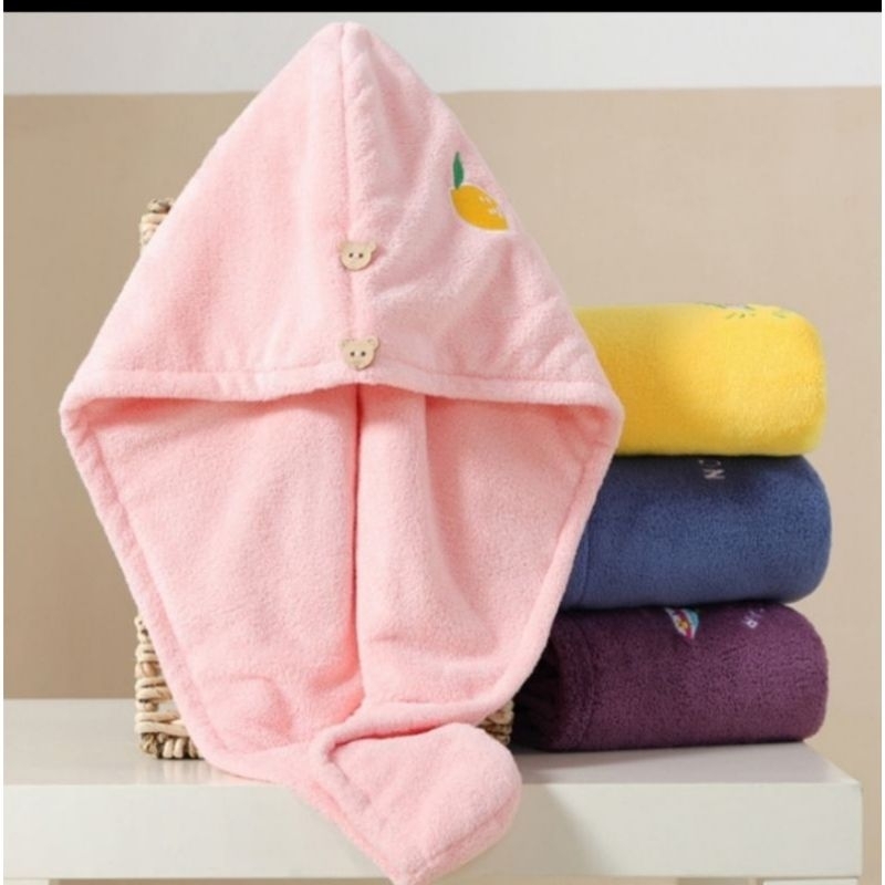 Handuk Keramas Premium Microfiber Pengering Rambut Bahan Tebal Model Kancing