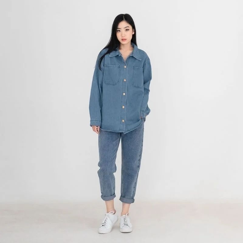 Kemeja Jeans Denim Wanita Oversize Korean Style