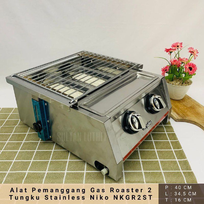 Alat Pemanggang Gas Roaster 2 Tungku, Pemanggang BBQ, Sosis, Jagung
