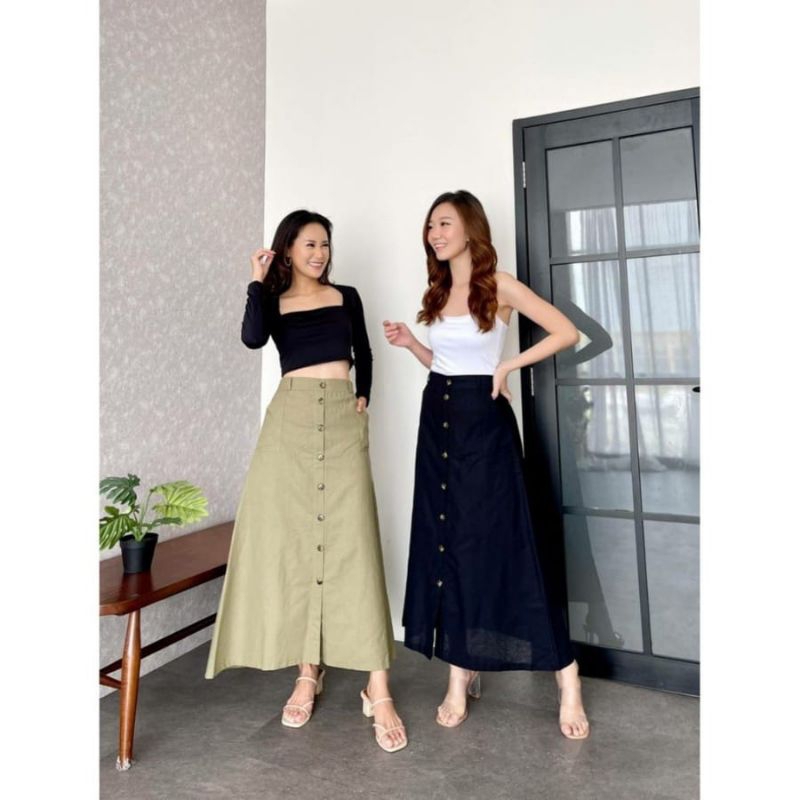 Skirt span linen / rok linen premium fit to XL / rok kancing hidup / rok rempel full kancing