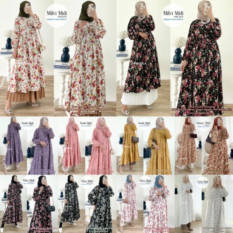 midi crincle premium by moela, dres lebaran, gamis midi murah, baju lebaran