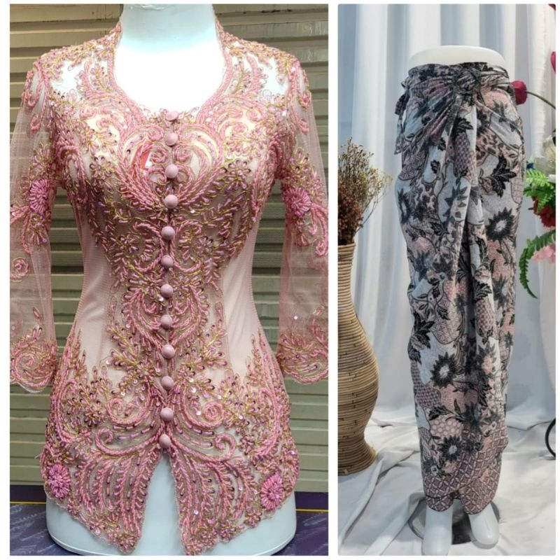 SETELAN KEBAYA PESTA BOUGENVILE TILE PAYET BORDIR KERAH SUNDA+ROK PANJANG LILIT SIZE S-XXL
