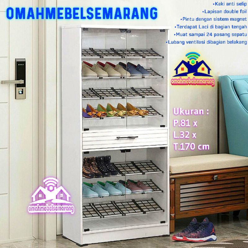 Lemari sepatu LSK 001 Almari shoes rack tempat sepatu pintu kaca minimalis putih
