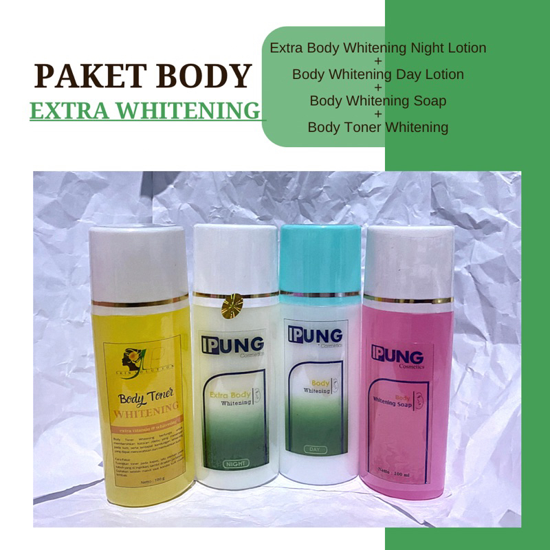 [IPUNG] Paket Body Extra Whitening Isi 4 (Hb malam dosting + Hb siang dosting + Sabun Pemutih Badan + Toner Pemutih Badan)
