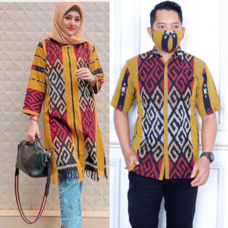 set couple baju tenun etnik asli seragam keluarga kondangan pesta prewedding kantor sarimbit tunik dress gamis muslim muslimah wanita moderen kemeja pria panjang pendek aurora clara ivory motif sumba toraja ntb ntt jepara outer cardigan baju kurung