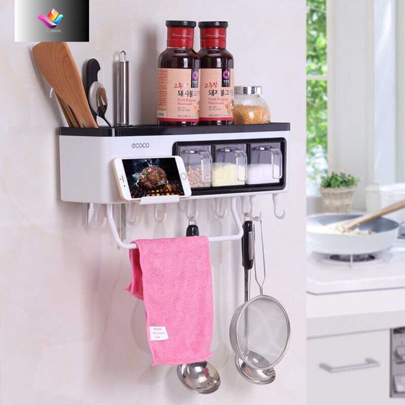 Multifunctional Wall Mounted Kitchen Storage Rack ( Long ) White - Rak Tempat Bumbu Pisau Dapur Mini