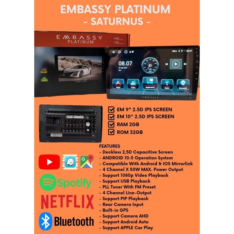 Head Unit Android Embassy 7/9/10 Inch Ram 2GB / Rom 32GB