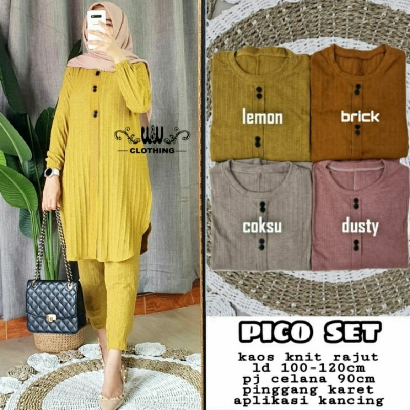 Pico Set Setelan Wanita Muslim Terbaru Matt Kaos Knit Rajut Ld 100 Pinggang Karet Busui Aktif Origin