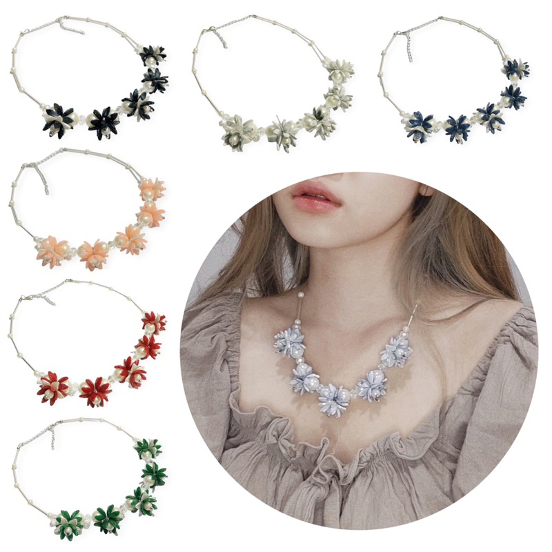 Cassandra Flowery Pearl Crystal Necklace Kalung Hijab Panjang Bunga Mutiara Motif Marmer Marble