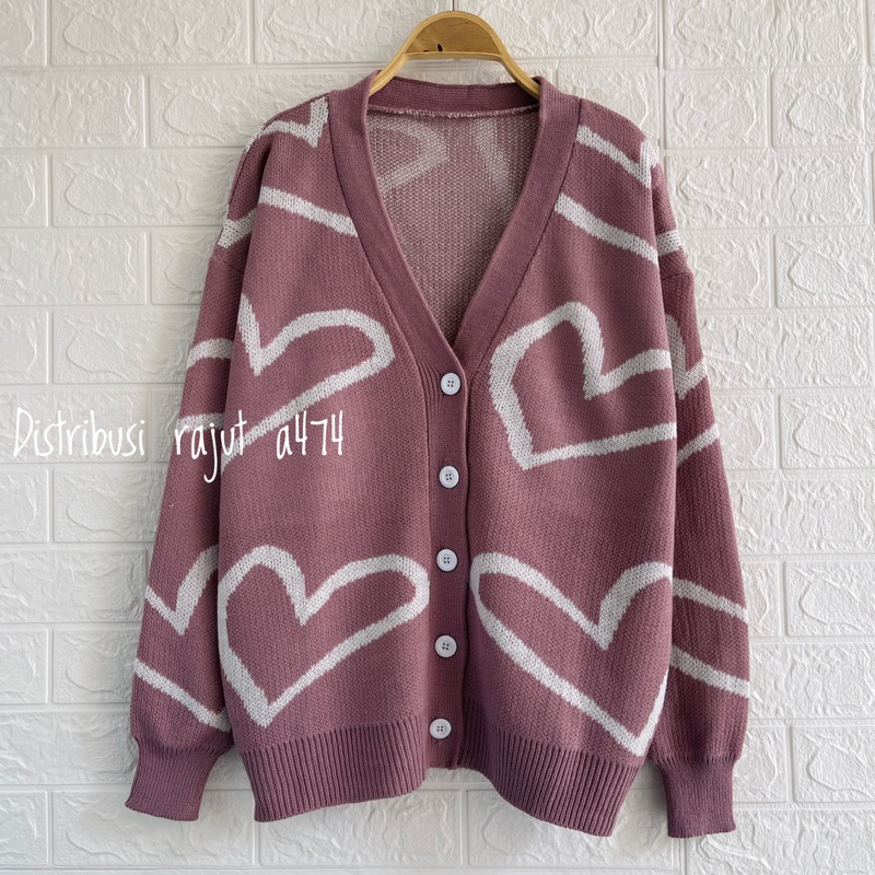 HILDA CARDIGAN RAJUT KANCING POLOS MOTIF LOVE ATASA LENGAN PANJANG