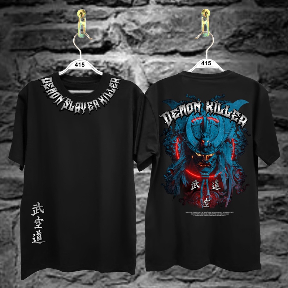 Kaos Tshirt Pria Terbaru Samurai Jepang Demon Killer Warna Hitam Distro Lengan Pendek Motif Sablon Bergambar Keren