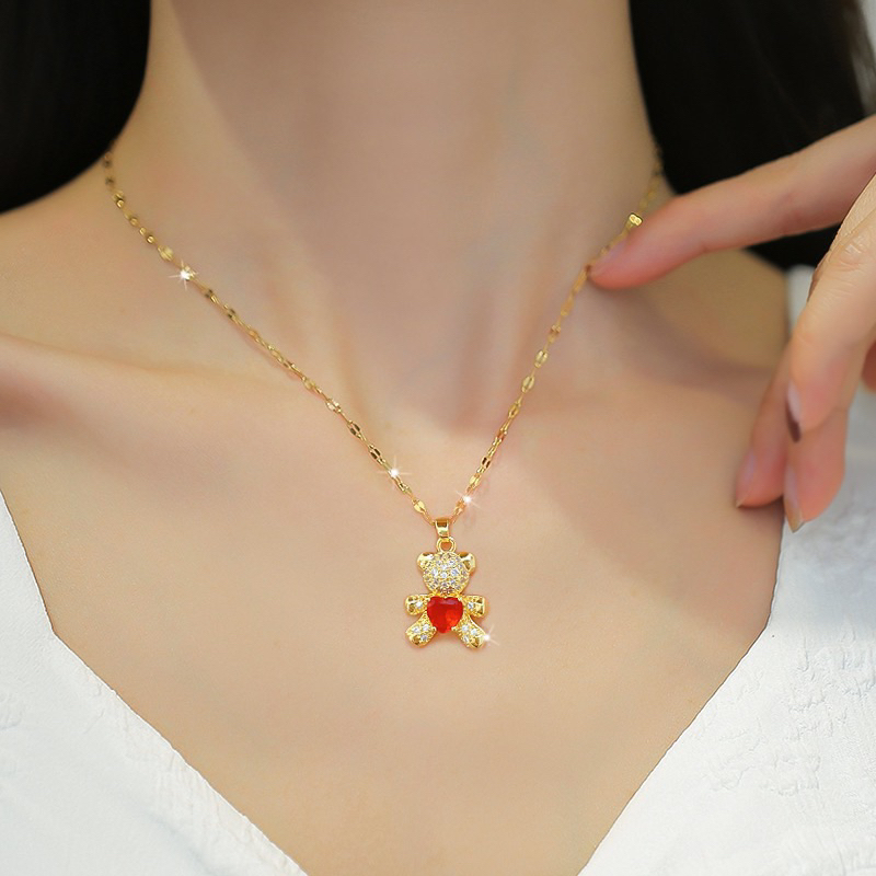 kalung titanium cantik boneka teddy merah