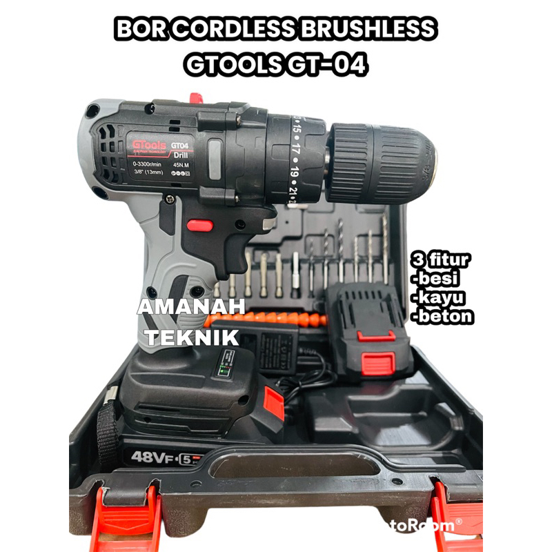 Bor cordless Gtools GT04 impact drill brushless 48v bor batrei 3fungsi sekrup drilling palu 2batrei bonus jam tangan