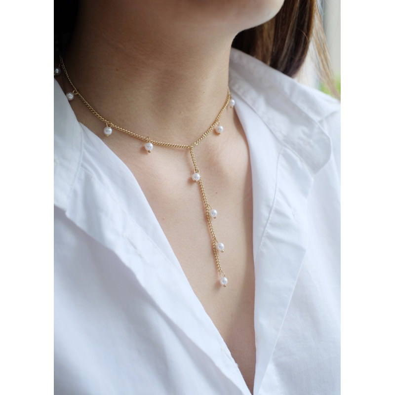 Ark.co - Versary necklace (pearl &amp; gold beads&amp; flower) kalung Y lariat mutiara bunga putih simple minimalis