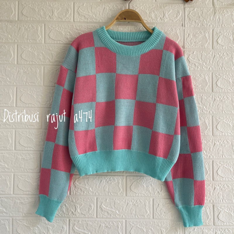 ANJANI BAJU ATASAN KNITWEAR SWEATER RAJUT KOTAK KOTAK OVERSIZE WANITA KOREAN STAYLE
