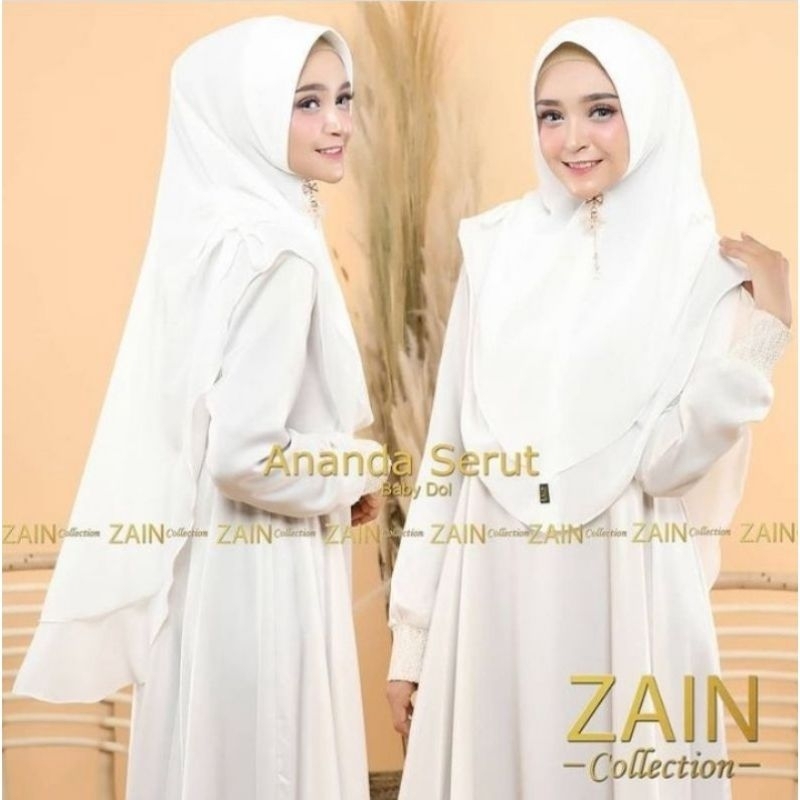 Jilbab Hijab Khimar Syari Ananda Serut Pinggir Ceruti Babydoll Premium 2 Layer Bw Putih Tulang Polos