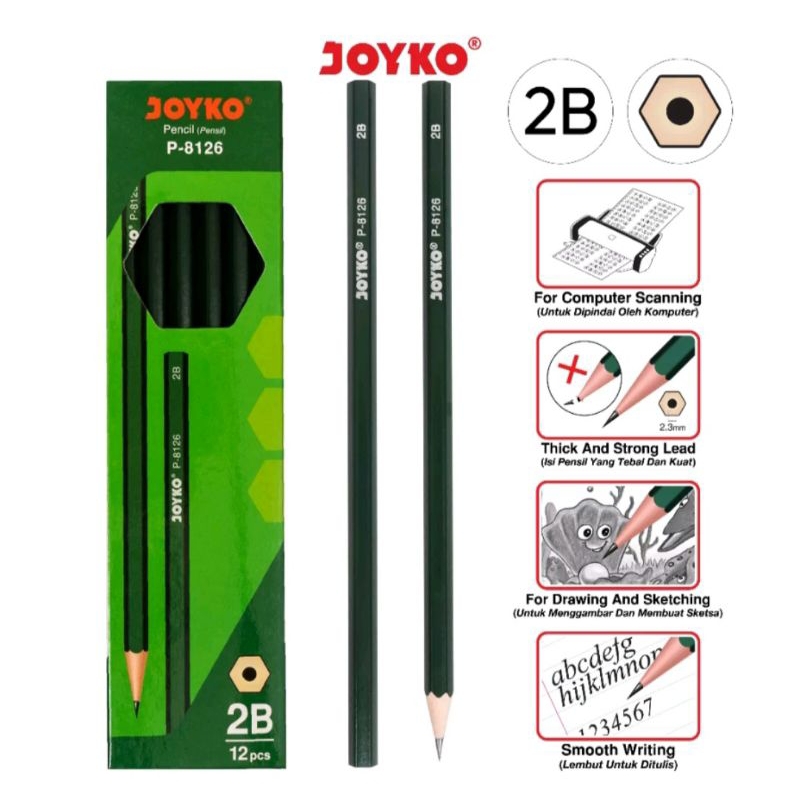 Pensil Kayu Hitam 2B Joyko Warna Warni P 8126 P 8127 P 88 P 91 P 92 P 93 P 94 P 98 P 100 P 101 P 107 1 pajk isi 12 pensil