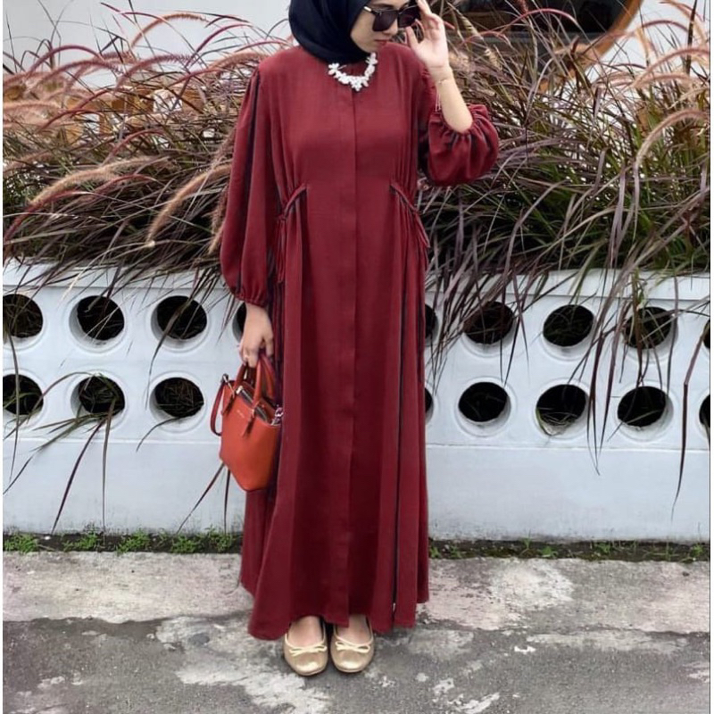 Hazzel Dress Polo Linen Gamis Wanita Tali Samping Full Kancing Fashion Muslim Kekinian Bestseller