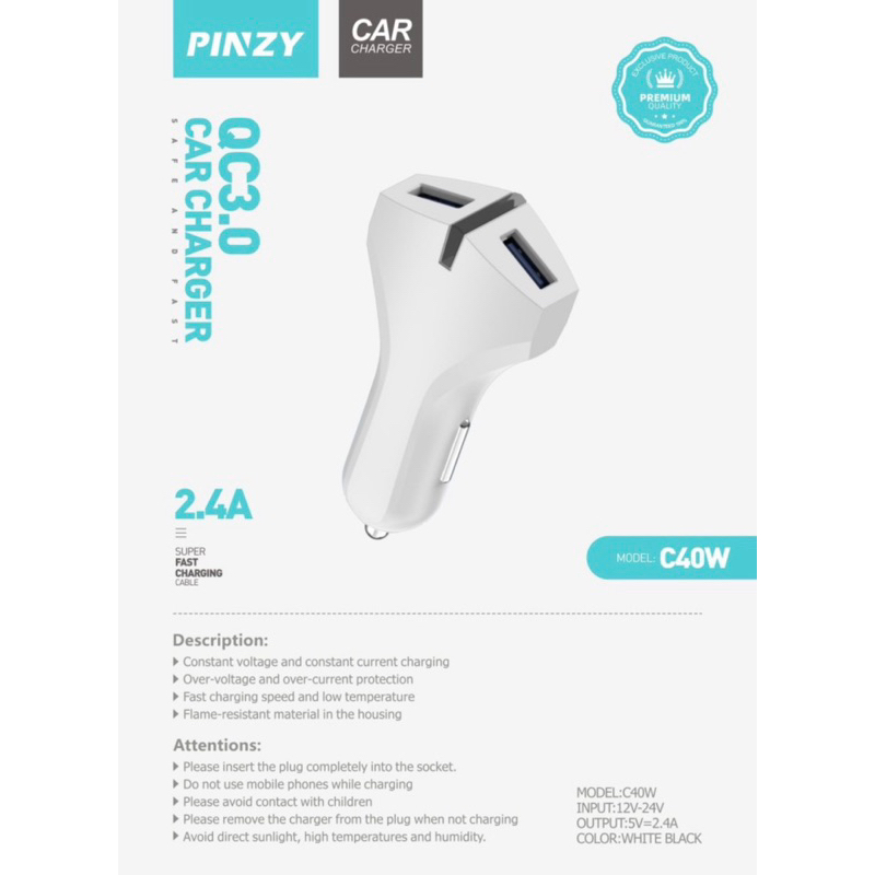 Car charger PINZY C40w QC 3.0 Saver Mobil 2 Port USB 2.4A Free kabel - Car charger C40w 2 port