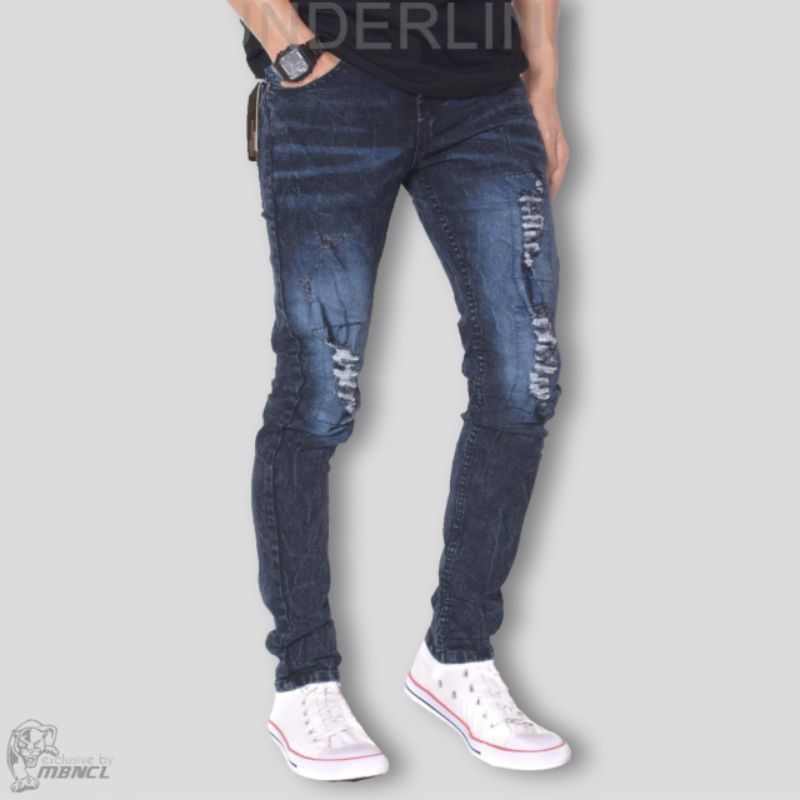 Celana Jeans Bikers Pria Panjang Sobek Lutut Slimfit Denim Ripped Model Pensil