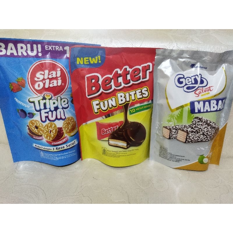 

BETTER FUNBITES POUCH ISI 10 PCS BARU / BISKUIT BETTER POUCH / SLAI O'LAI FUNBITES POUCH ISI 10 / GERY MABA FUNBITES POUCH ISI 10 PCS / BISKUIT MAYORA / BETTER / SLAI O'LAI / GERY