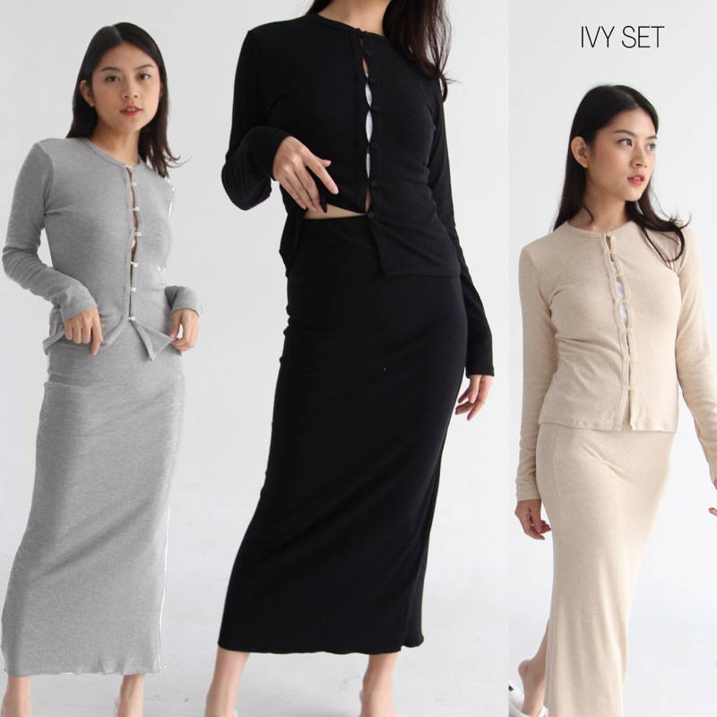 IVY SET - Setelan Skirt Wanita Longsleeves Knit Set Top OneSet Rok Wanita Ribbed Knit Atasan Tangan Panjang Wanita / SOMA