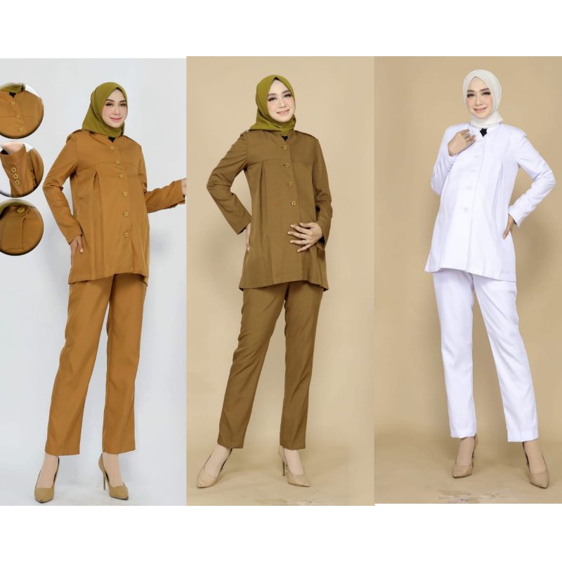 BAJU DINAS  HAMIL PEMDA KHAKY COKLAT/PERAWAT PUTIH PUTIH / PEMDA MUDA BUMIL FREE HIJAB