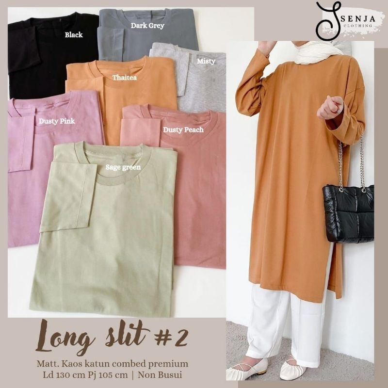 LONG SLIT #2 | ld 130 | Kaos Katun Combed Premium | by SENJA | tunik wanita lengan panjang oversize 