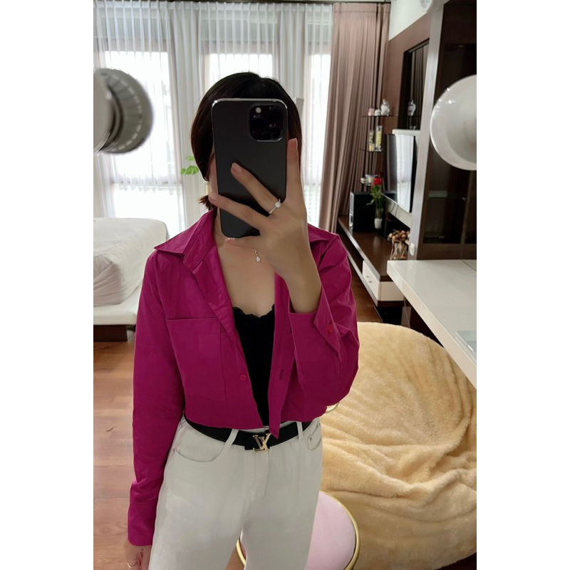 KEMEJA CROP WANITA BAJU ATASAN CROP TOP SHIRT POPLIN BLOUSE