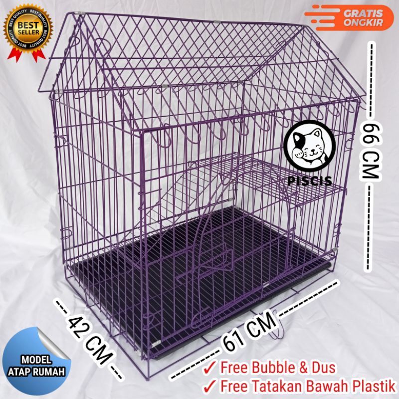 SANGKAR KUCING BURUNG MODEL ATAP RUMAH PINTU BULAT UNIK 61X42X66 BESI TEBAL FREE TATAKAN KOTORAN PLASTIK TINGKAT