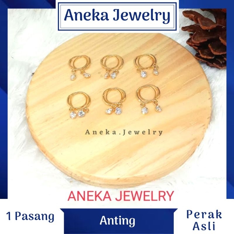 Anting Knip Mata 1 Gantung, Sepuh Emas Kuning, Perak 925