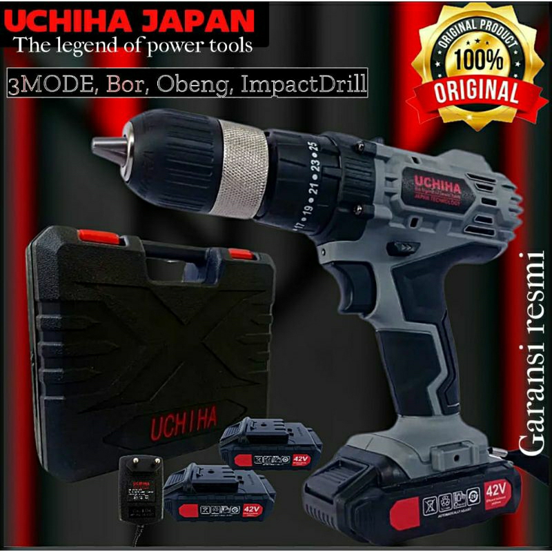 bor cordless 42volt uchiha Japan bor baterai impact drill bisa beton besi kayu sekrup obeng chuk 13m